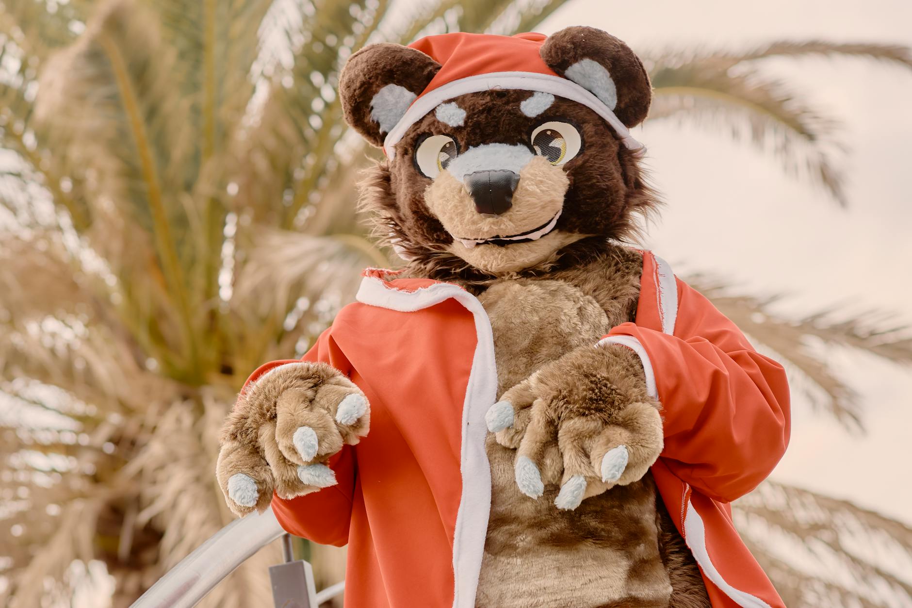 A person in a bear costume wearing a festive outfit stands outdoors with palm trees in the background.