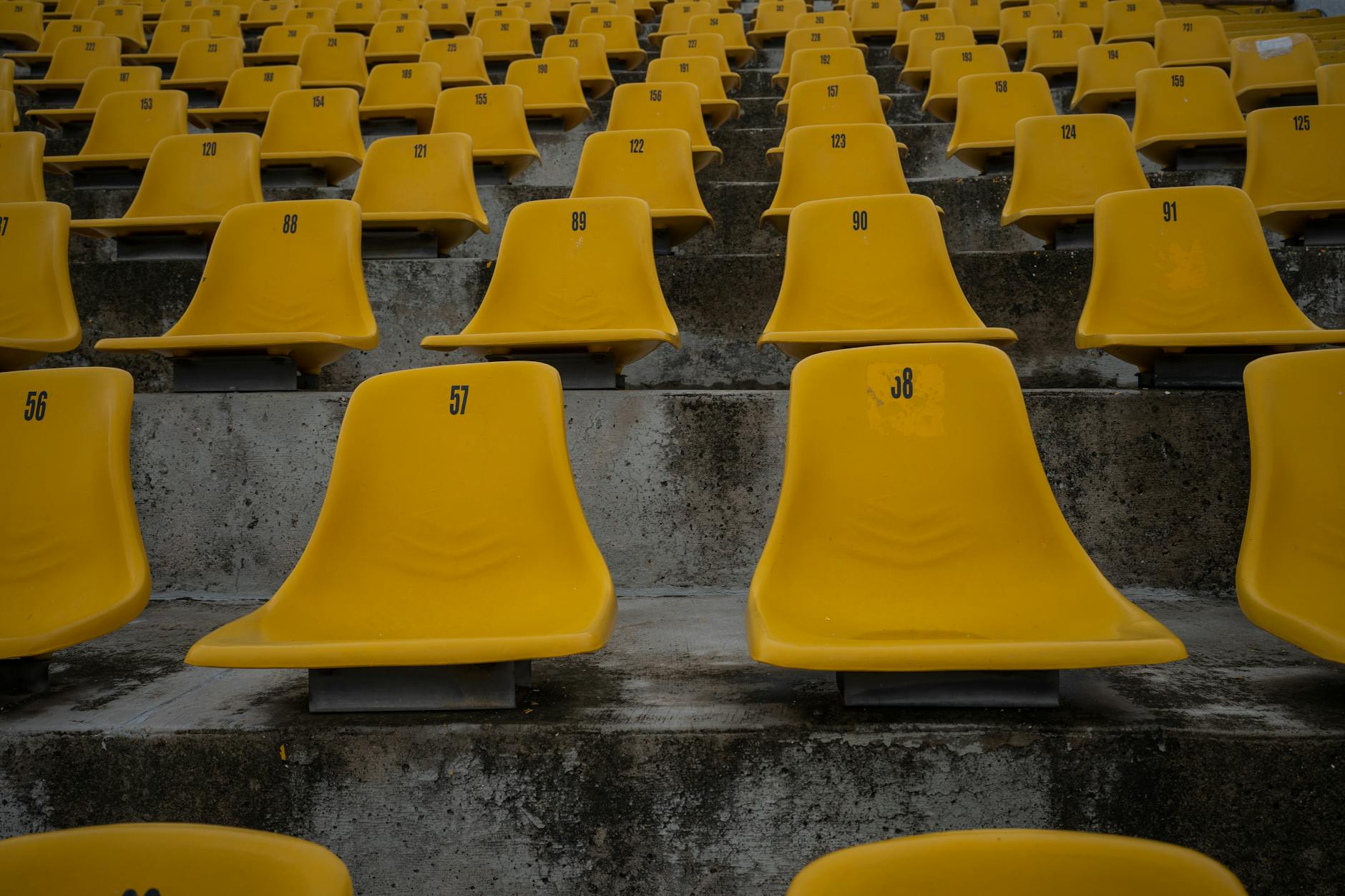Rows of empty yellow stadium seats with numbered labels on concrete bleachers.